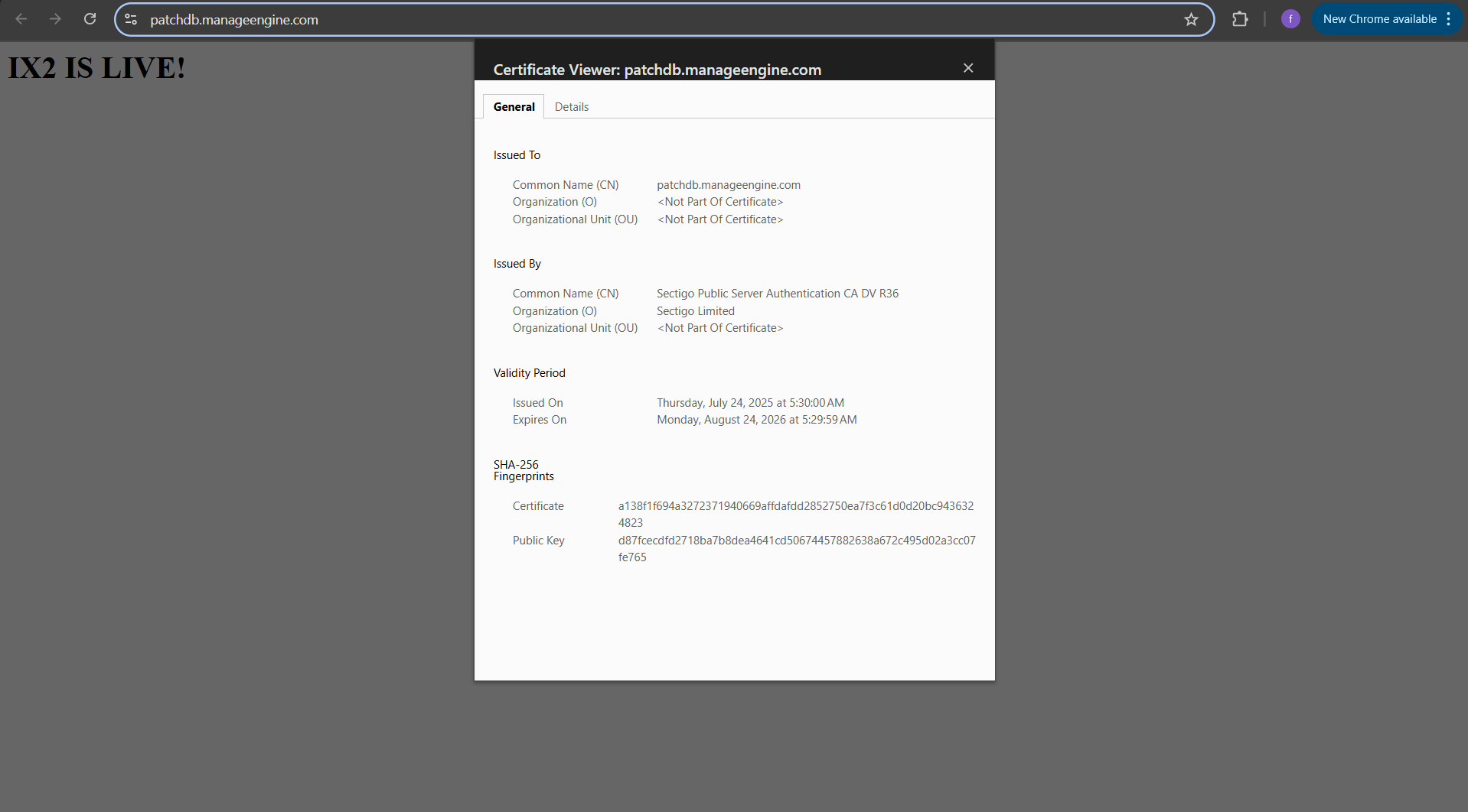 SSL certificate issuer details for patchdb.manageengine.com