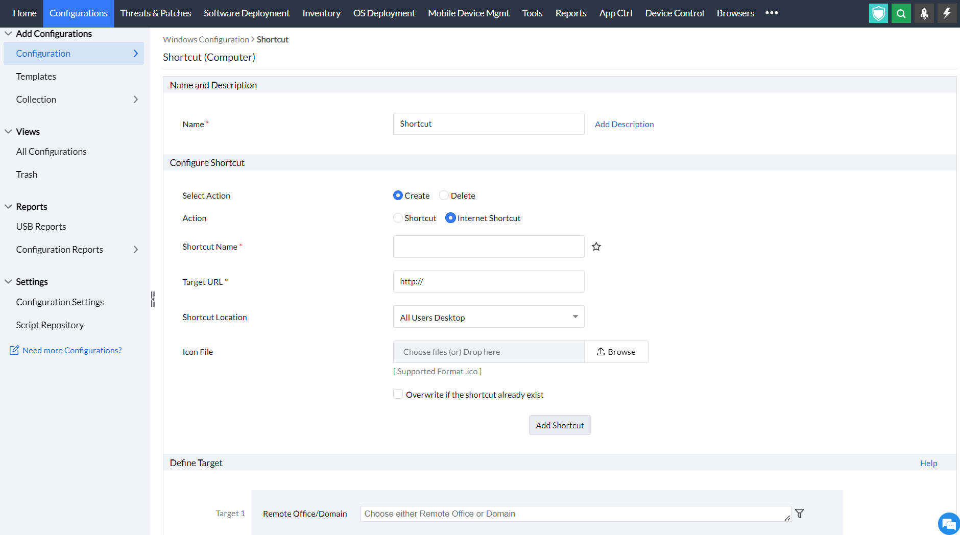  creating internet shortcuts in endpoint central