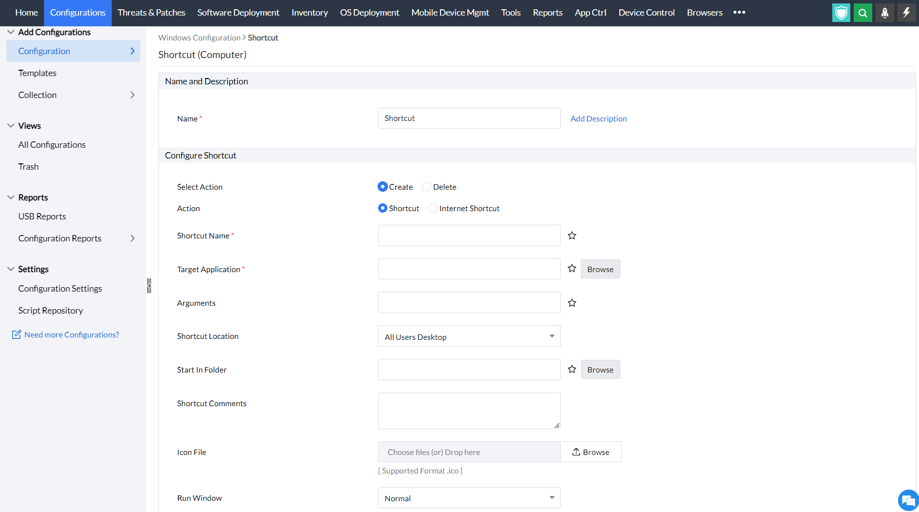  creating shortcuts in endpoint central