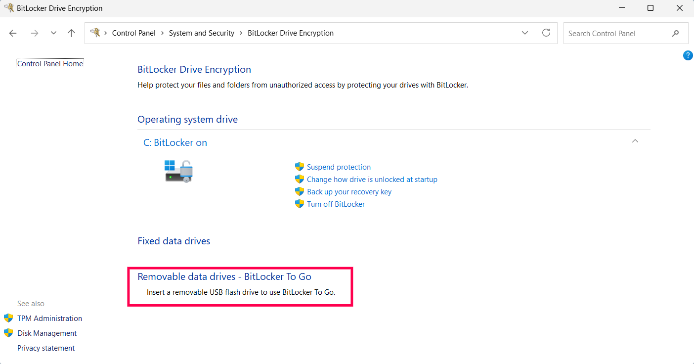 Control Panel — BitLocker Drive Encryption showing a removable data drive Windows Control Panel BitLocker Drive Encryption screen showing a drive listed under Removable data drives