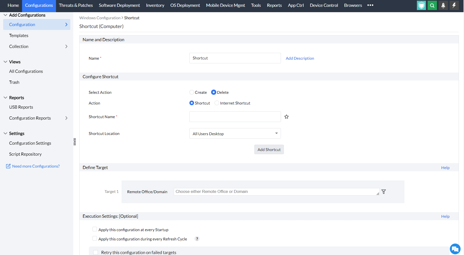  deleting shortcuts in endpoint central