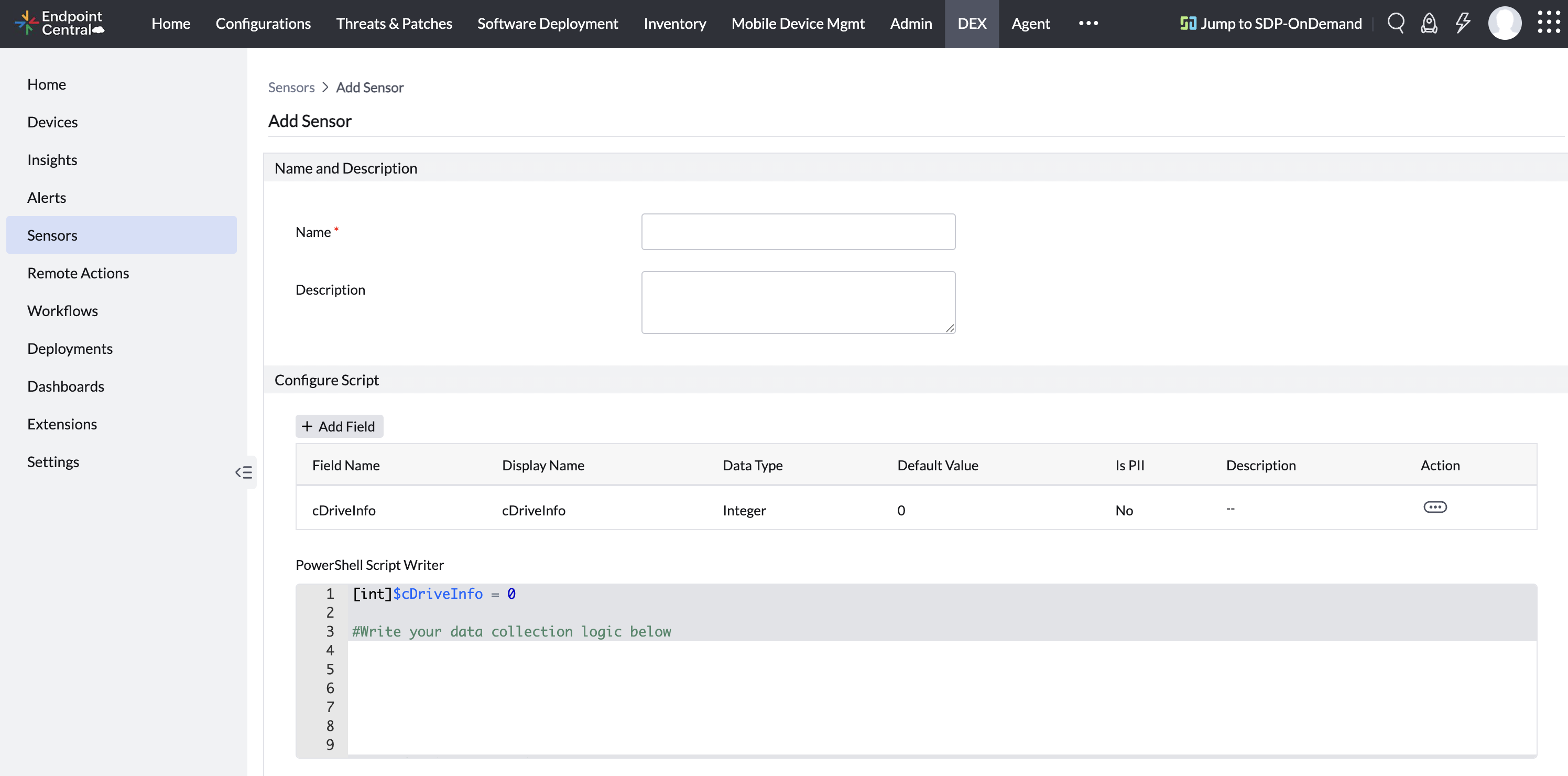Script Writer view for defined fields in sensor