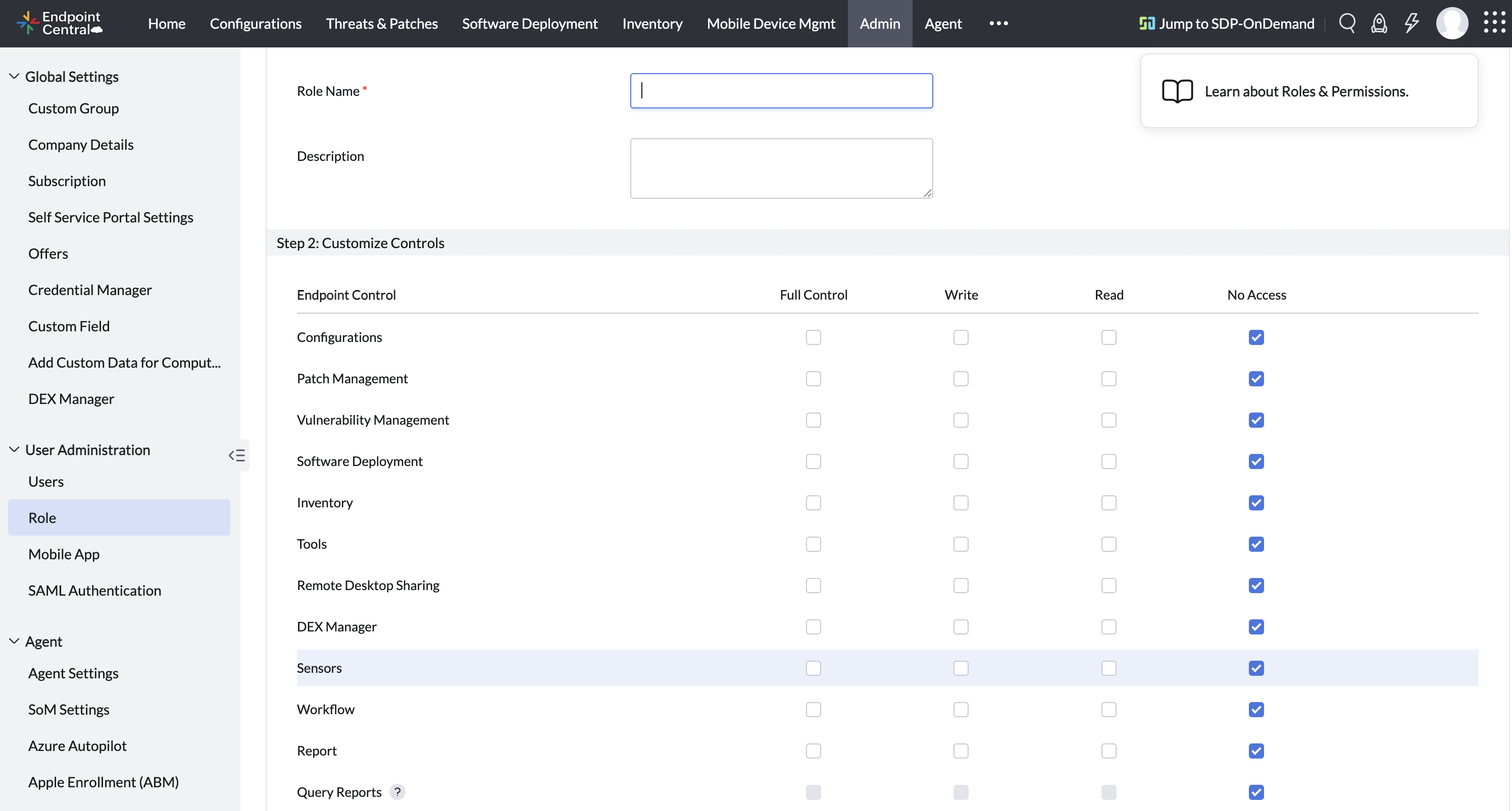 Required roles and permissions for Sensor Read, Create and Modification
