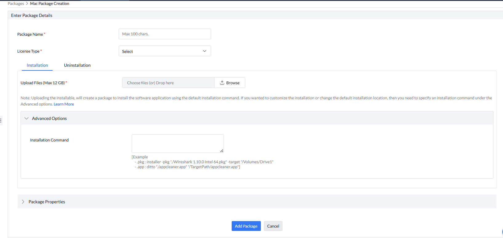 Mac package creation for installation