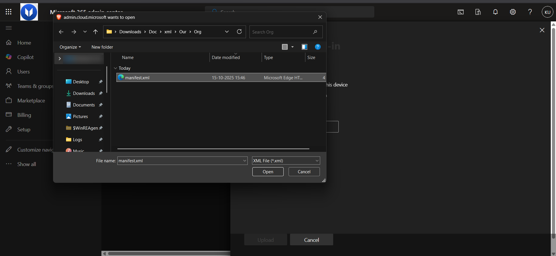 manifest.xml file selected for upload File browser showing the manifest.xml file selected for upload