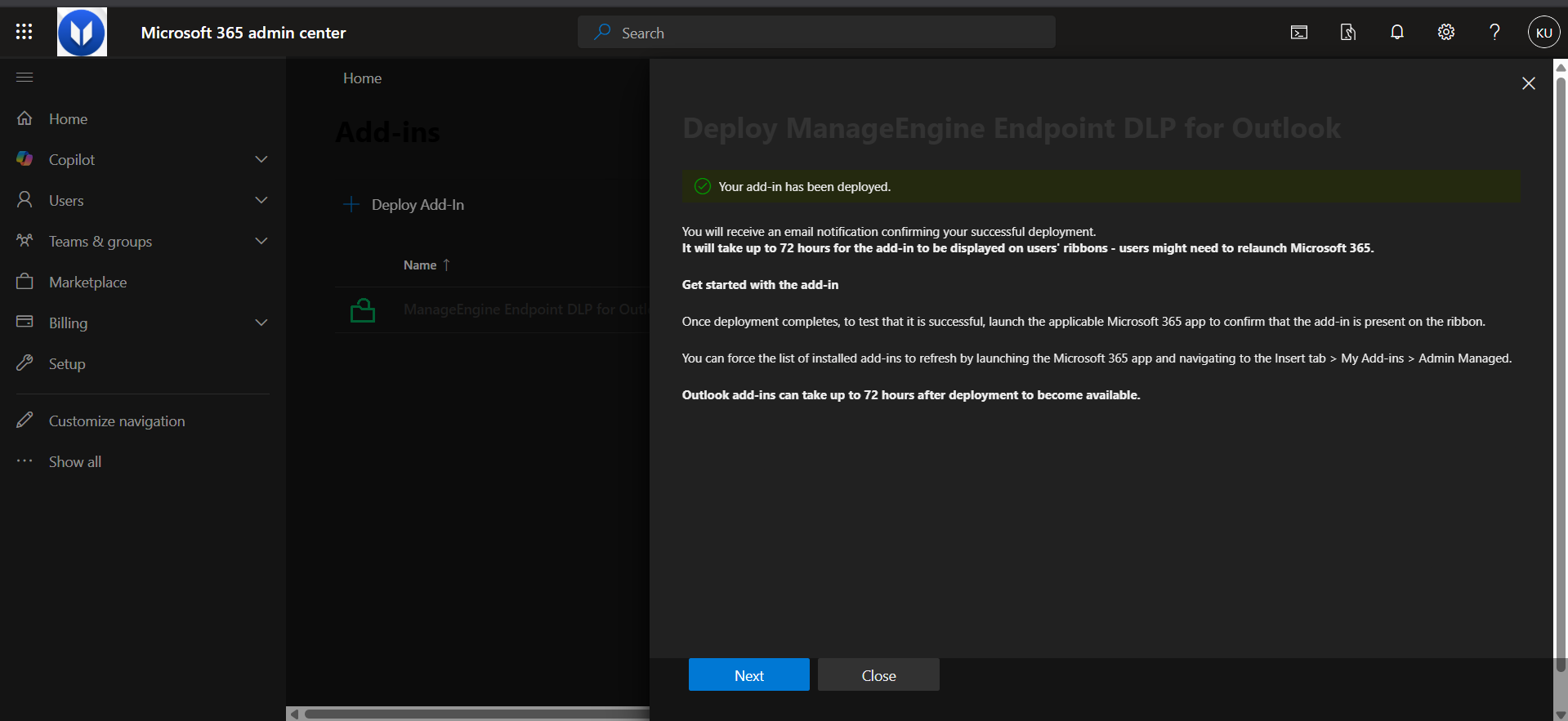 Outlook desktop client with the Endpoint Central Web Add-in installed Outlook desktop client showing the Endpoint Central Web Add-in installed and visible in the toolbar