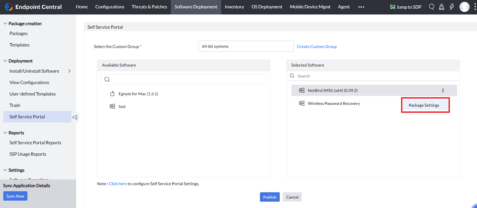 Configuring package settings for the published package in Self Service Portal