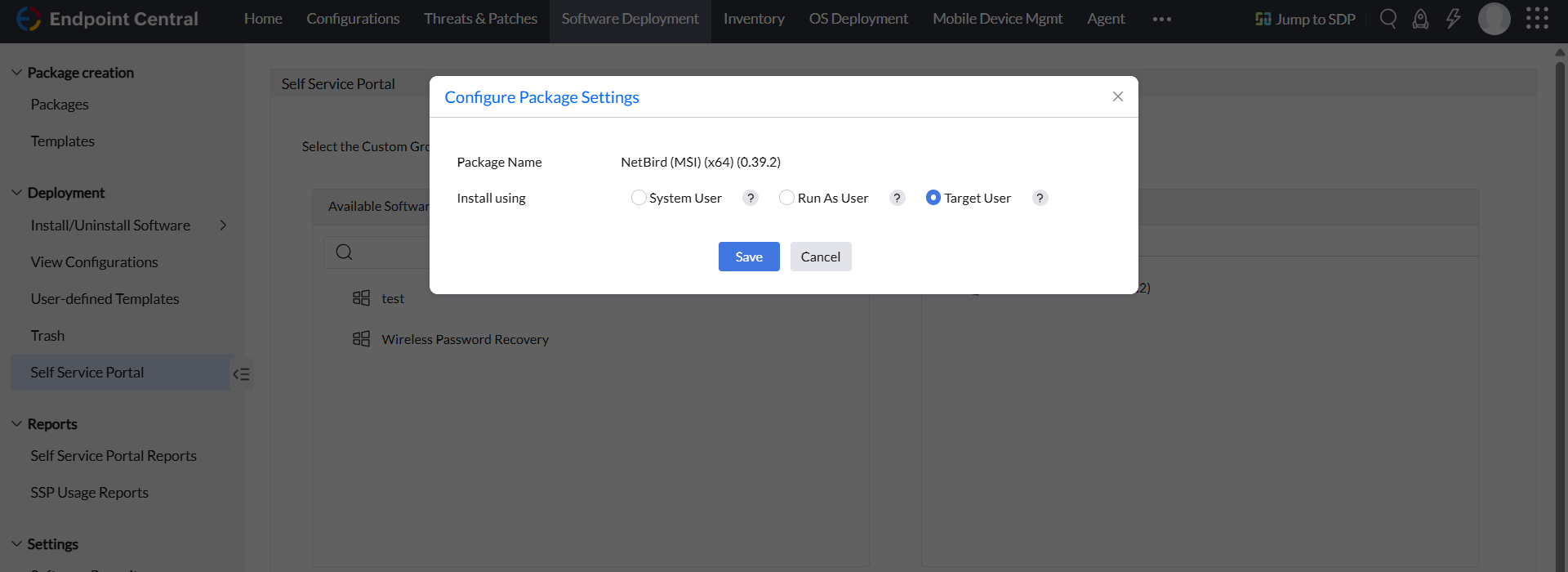 Configuring Package Settings for Published Software in User Group