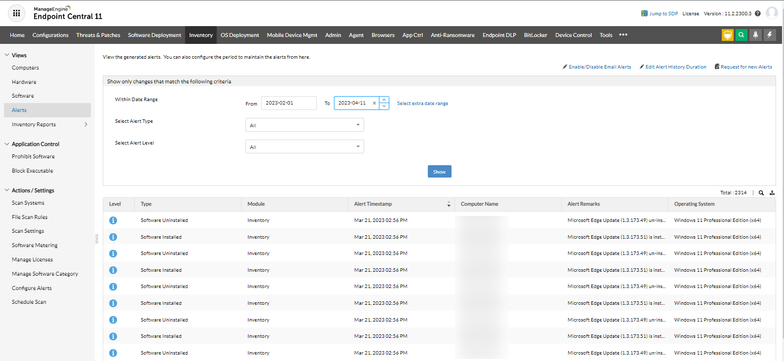 Inventory Alerts console view.