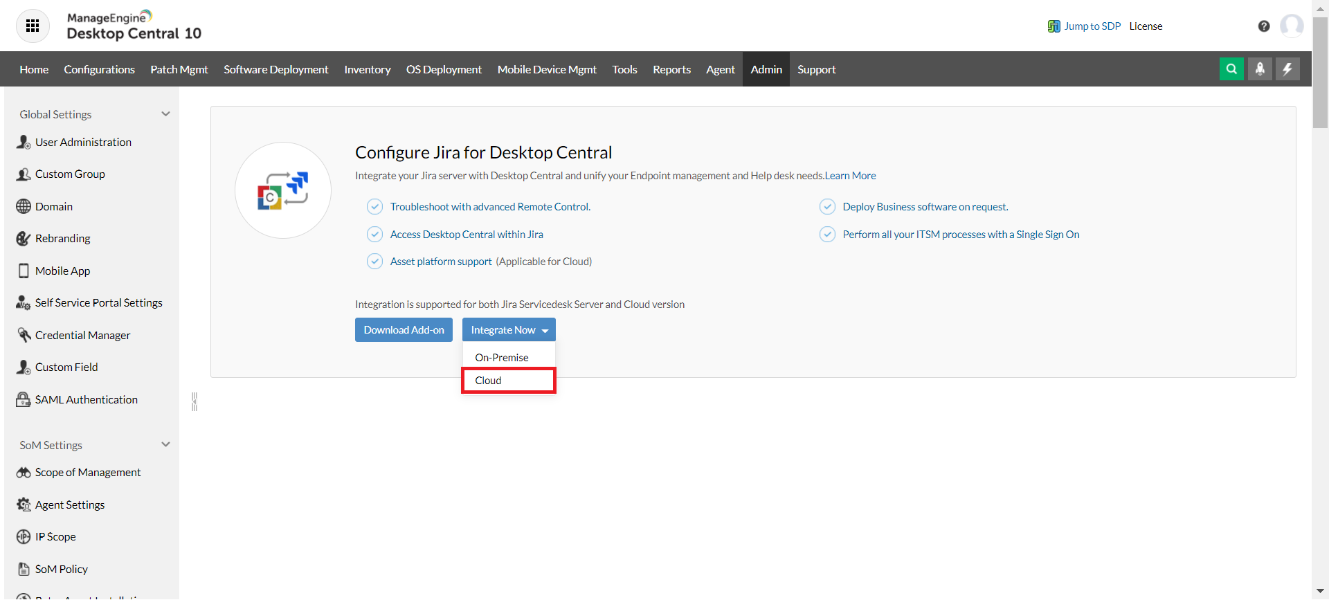 Choose Jira Service Management Cloud in Endpoint Central