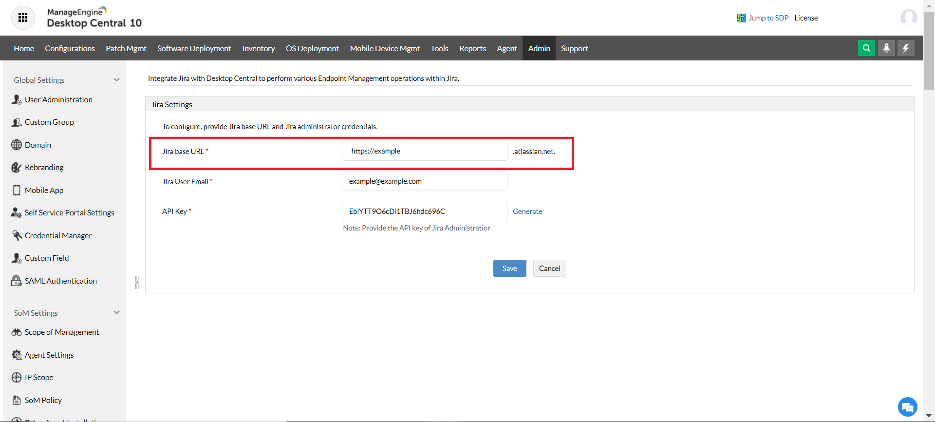 Enter Jira Management Cloud domain name in Endpoint Central