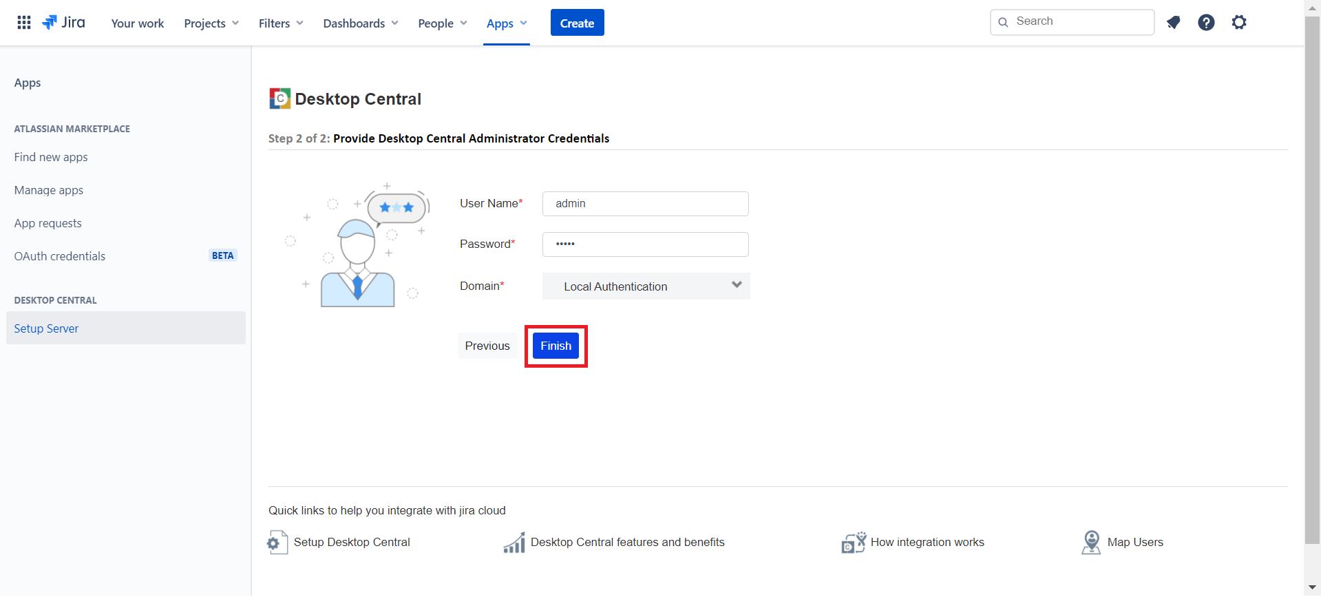 Enter Endpoint Central user credentials in Jira Service Management Cloud