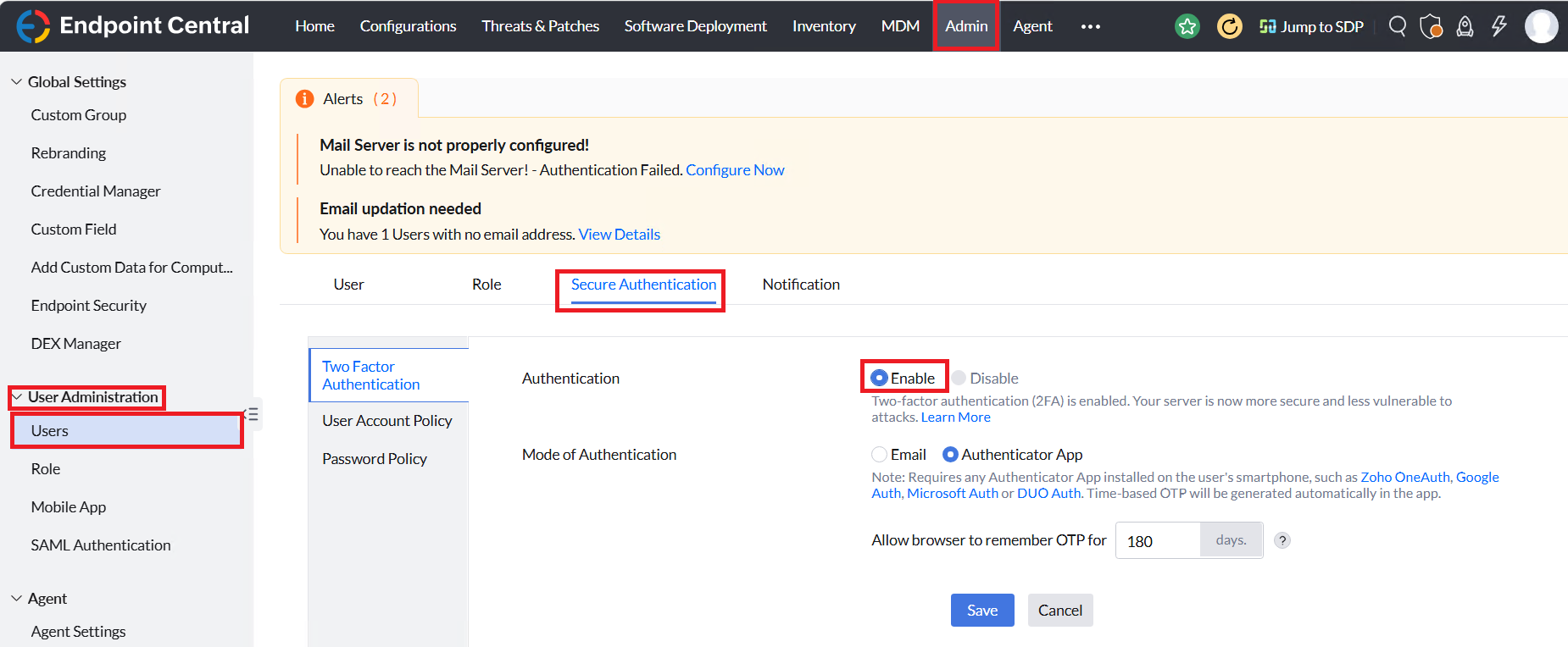 Enabling Two Factor Authentication in console Enabling Two Factor Authentication in console
