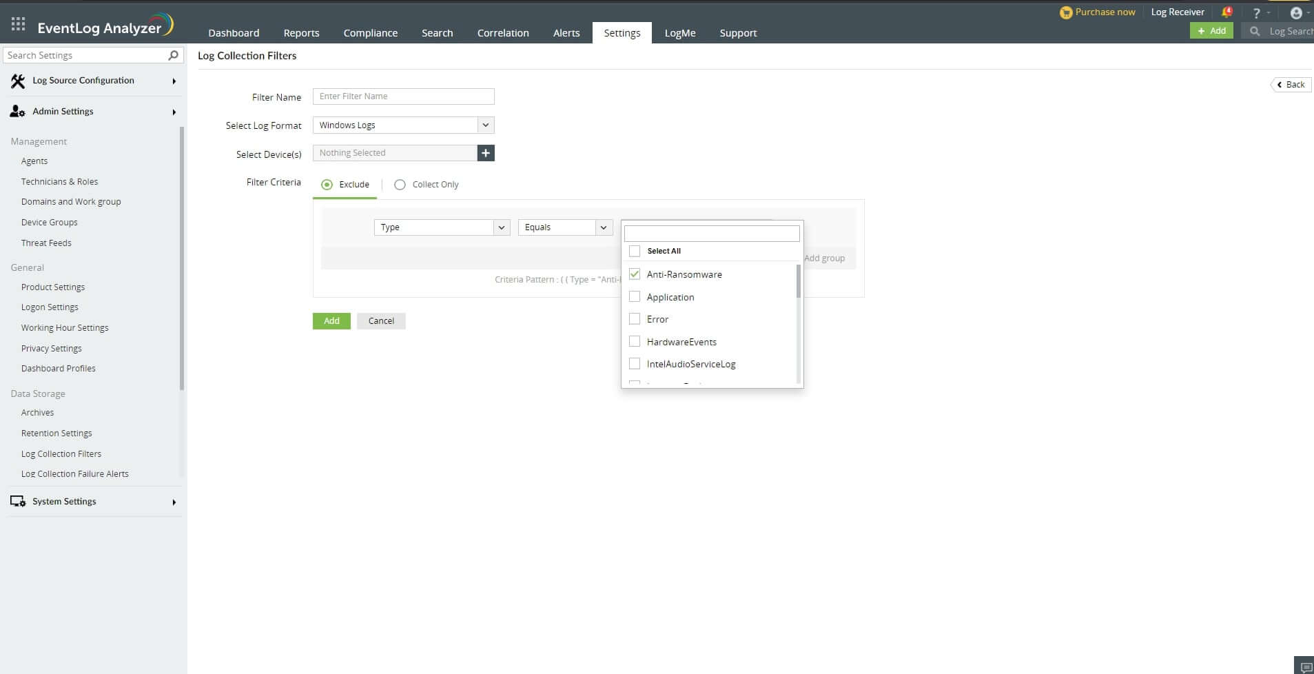 Add log database filter