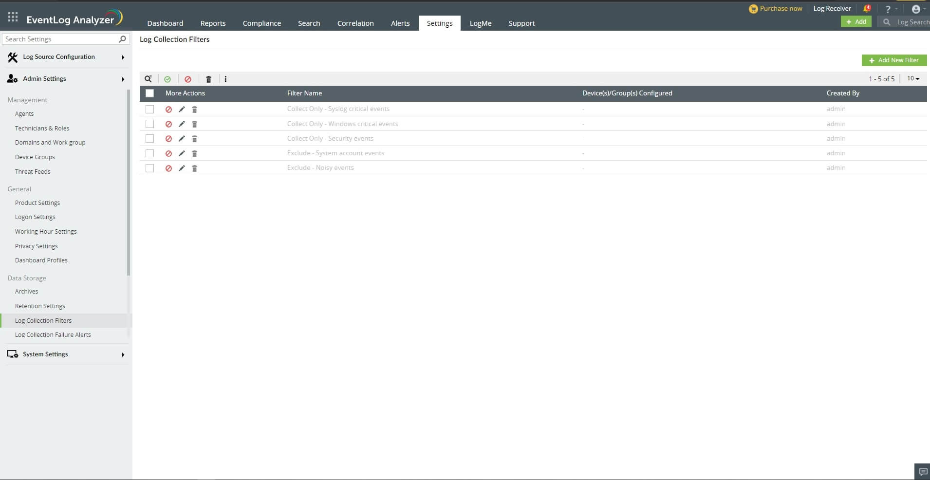 Add log database filter