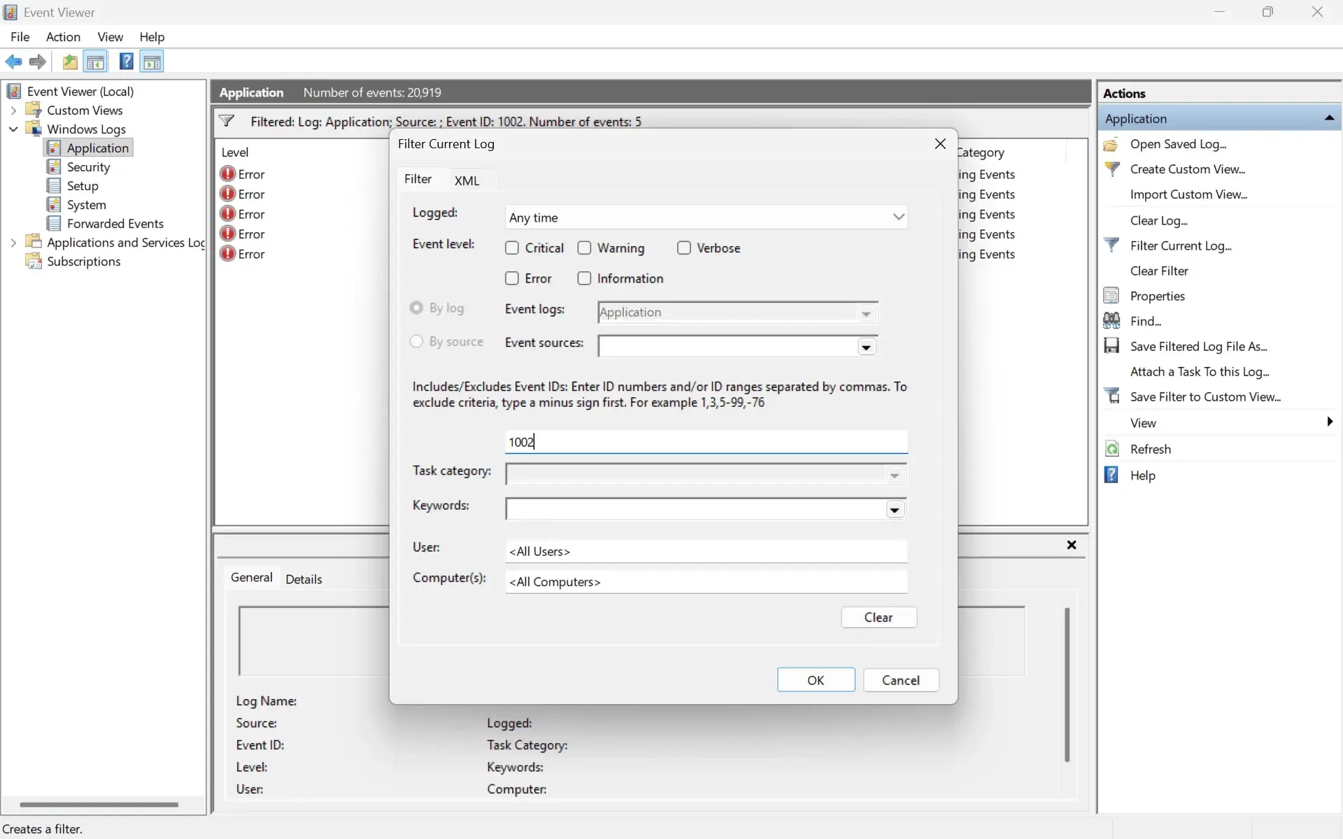 Filter Event id 1002