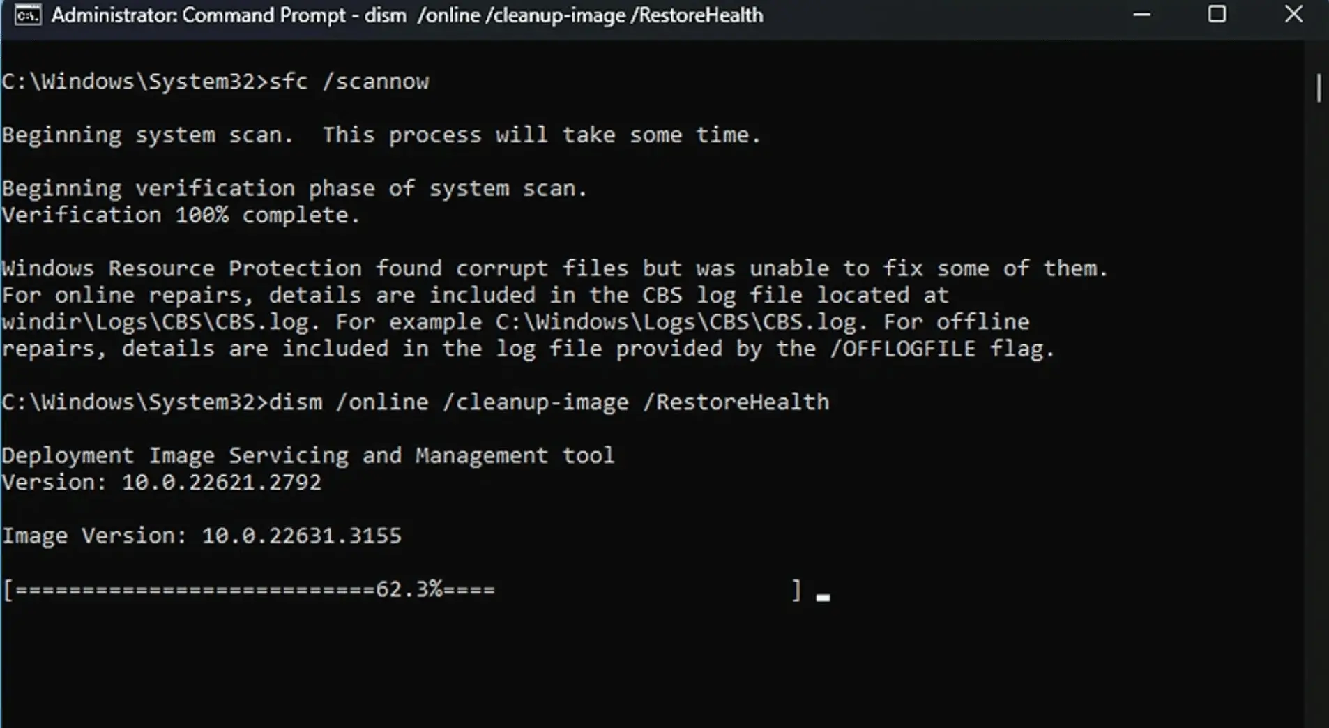 Use DISM when SFC cannot fix the hang