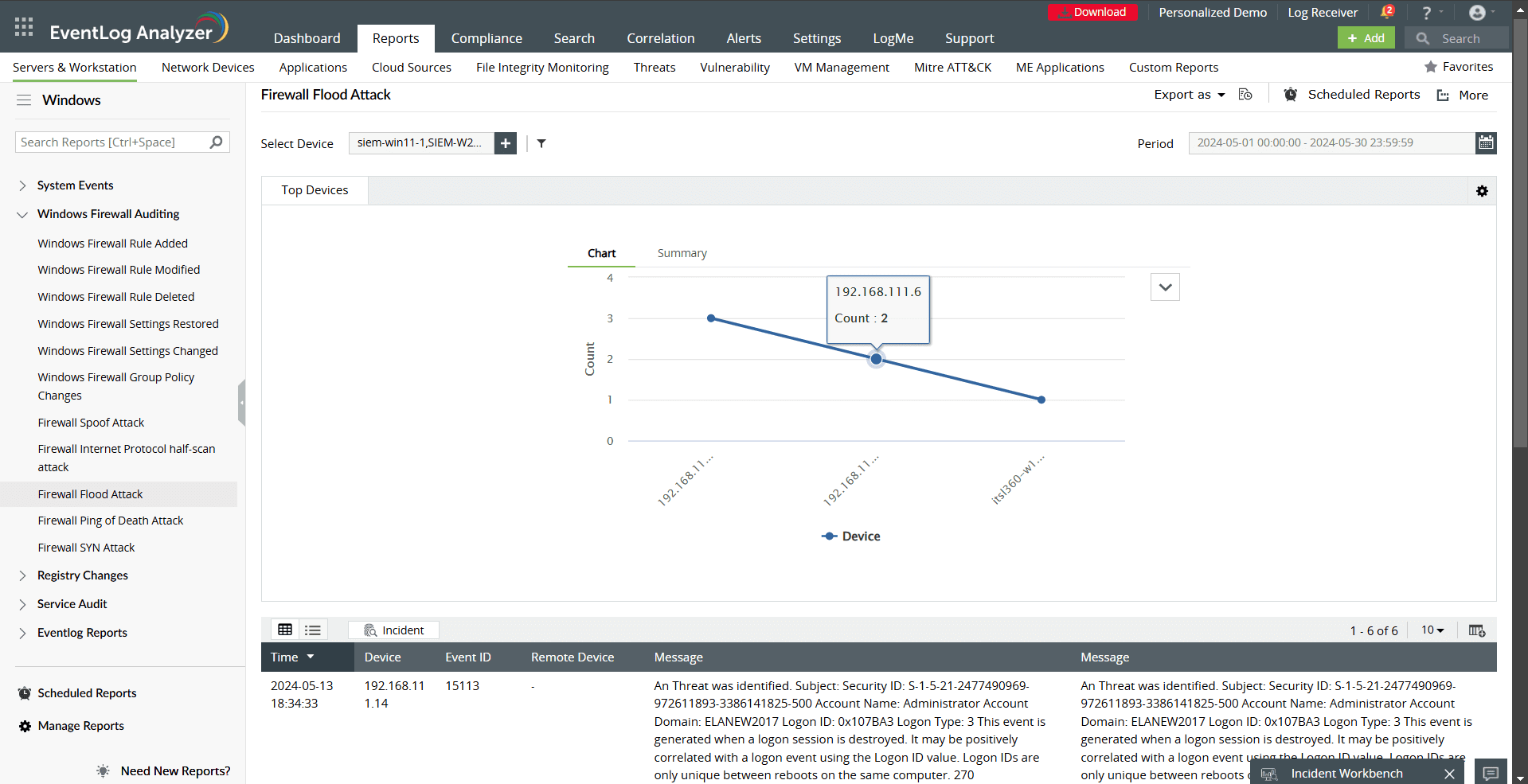 Fig. 11. Firewall Flood Attack report on EventLog Analyzer