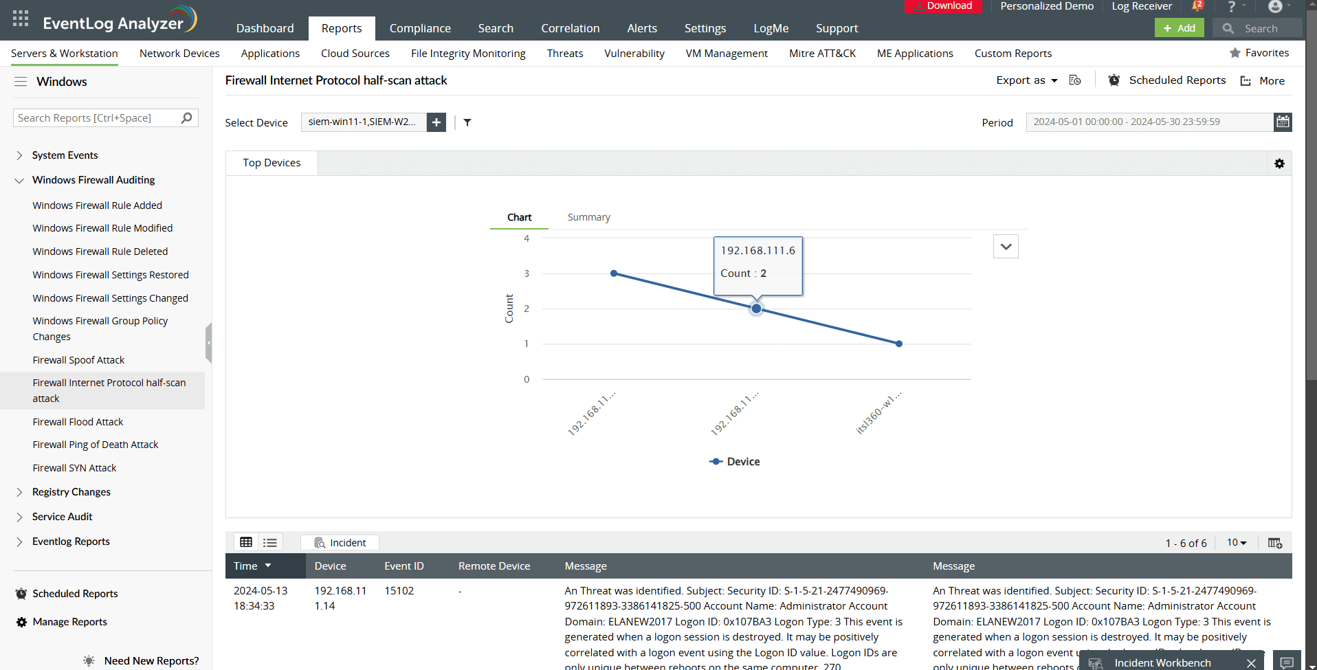 Fig. 10. Firewall Internet Protocol half-scan attack report on EventLog Analyzer