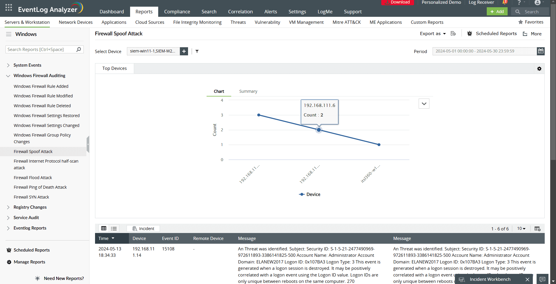 Fig. 9. Firewall Spoof Attack report on EventLog Analyzer