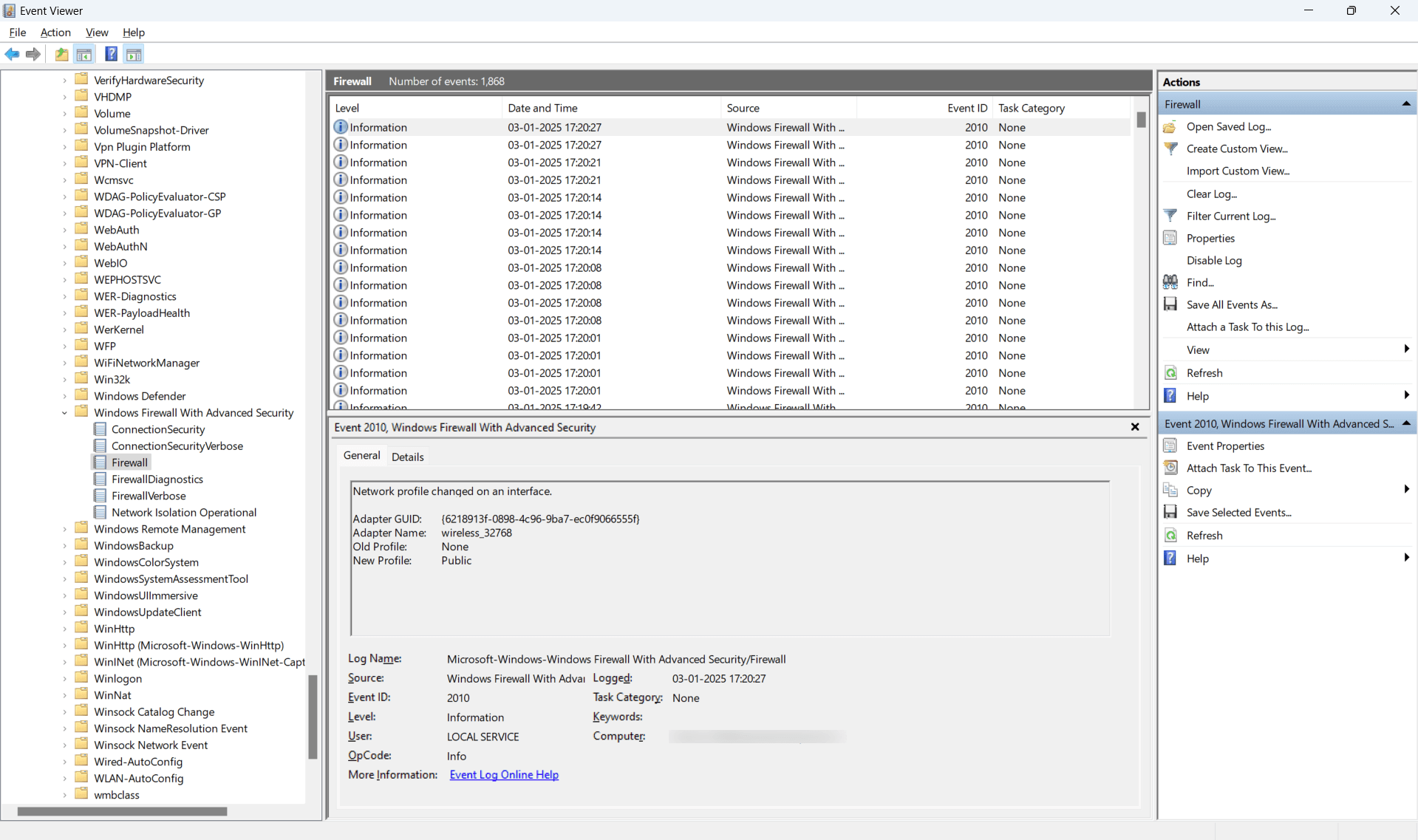 Fig. 3 Viewing and accessing Windows Firewall logs using Windows Event Viewer in Windows 10 and 11