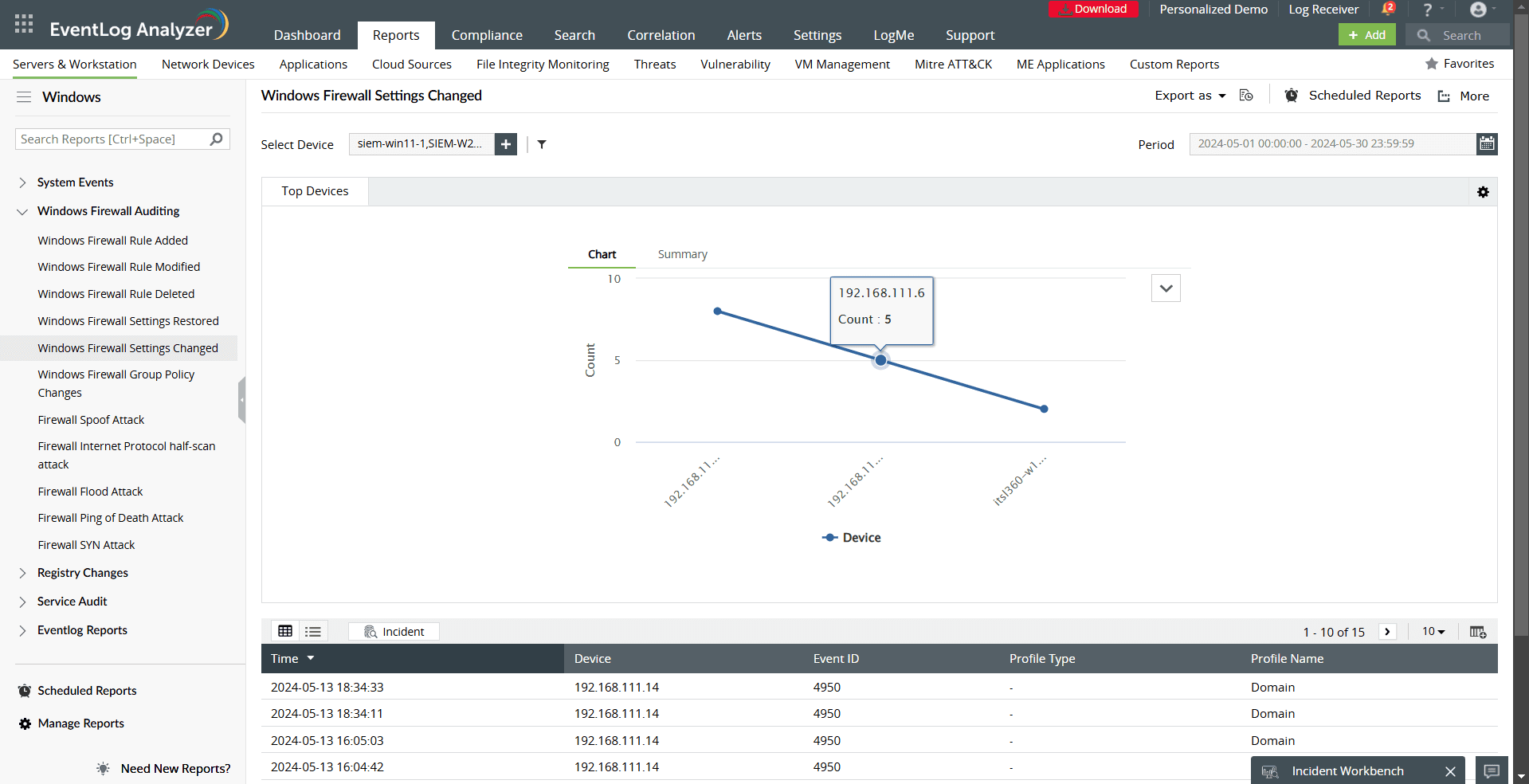 Fig. 7. Windows Firewall Settings Changed report on EventLog Analyzer