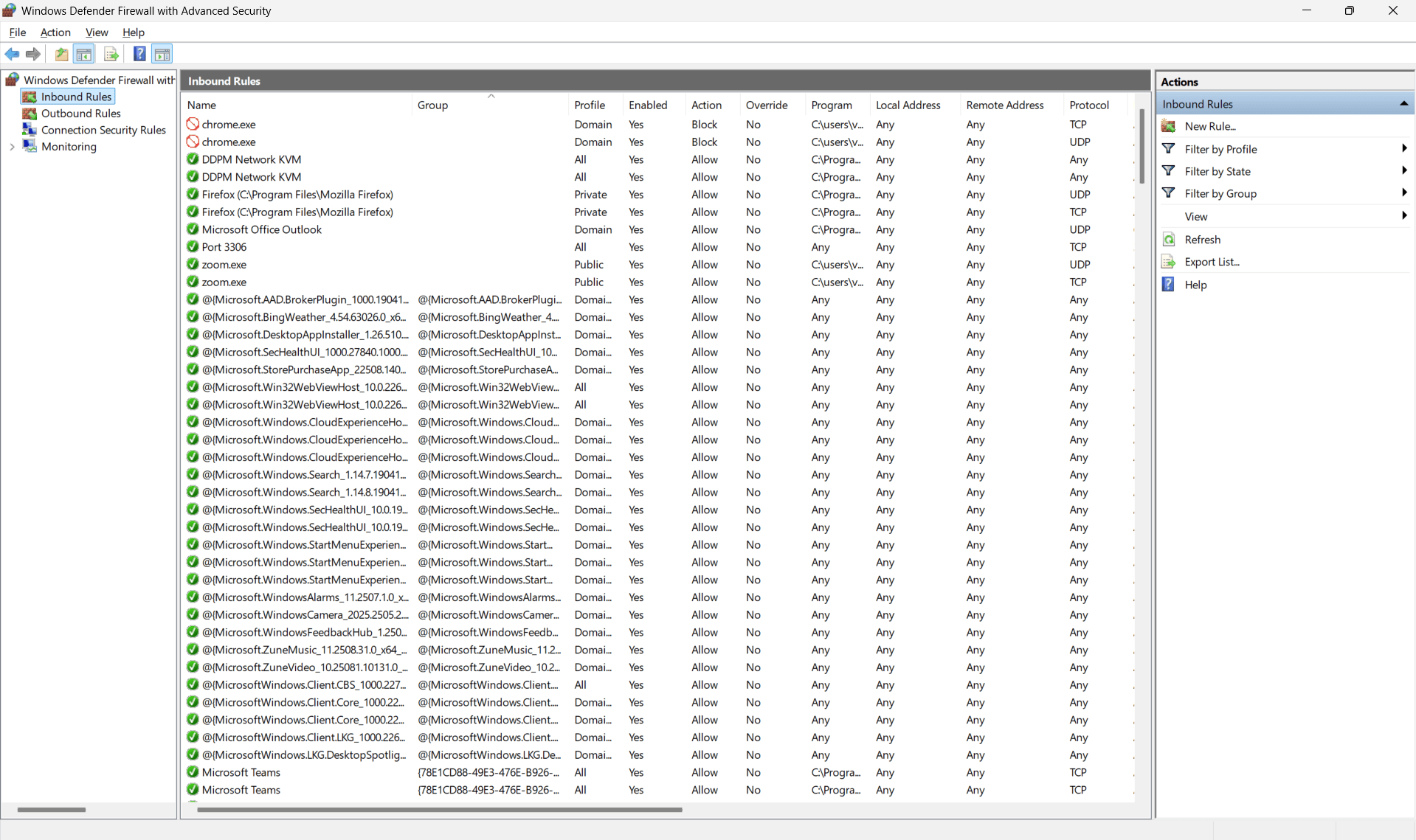 Windows Defender Firewall window with Inbound Rules selected.
