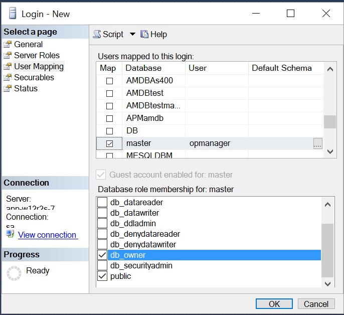 MS SQL database configuration in Firewall Analyzer: User mapping