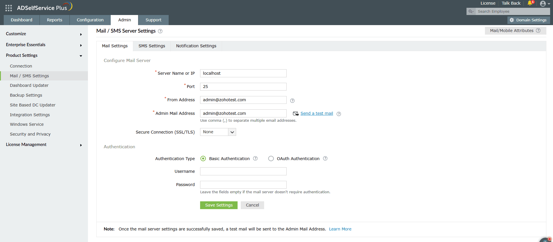 Basic authentication mail server settings in ADSelfService Plus