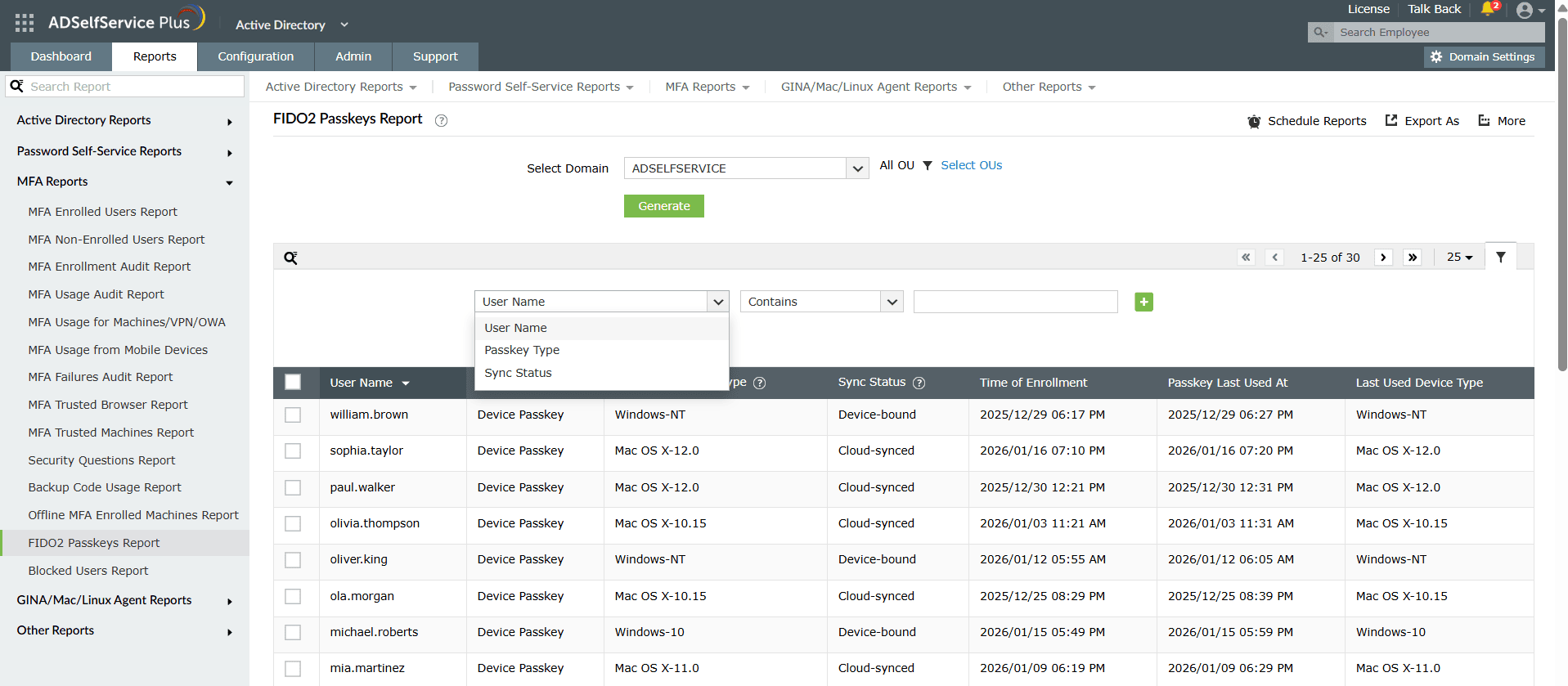 FIDO2 Passkeys report in ADSelfService Plus