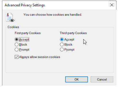 Enabling cookies in Internet Explorer