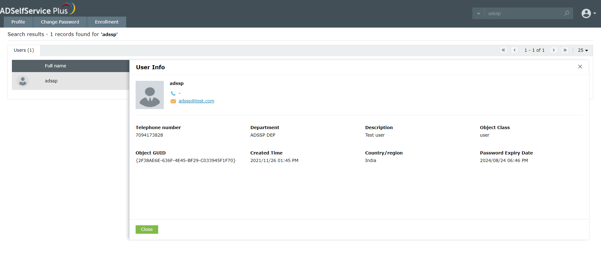 ADSelfService Plus employee search showing a user info panel with Object GUID, department, and account creation time