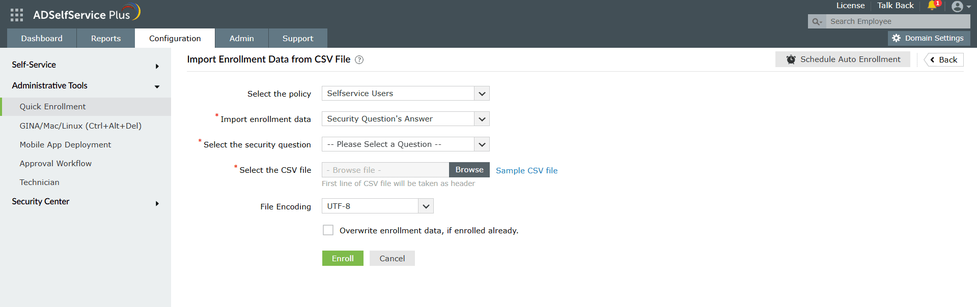 Screenshot of the configuration page for MFA auto-enrollment using CSV file import.
