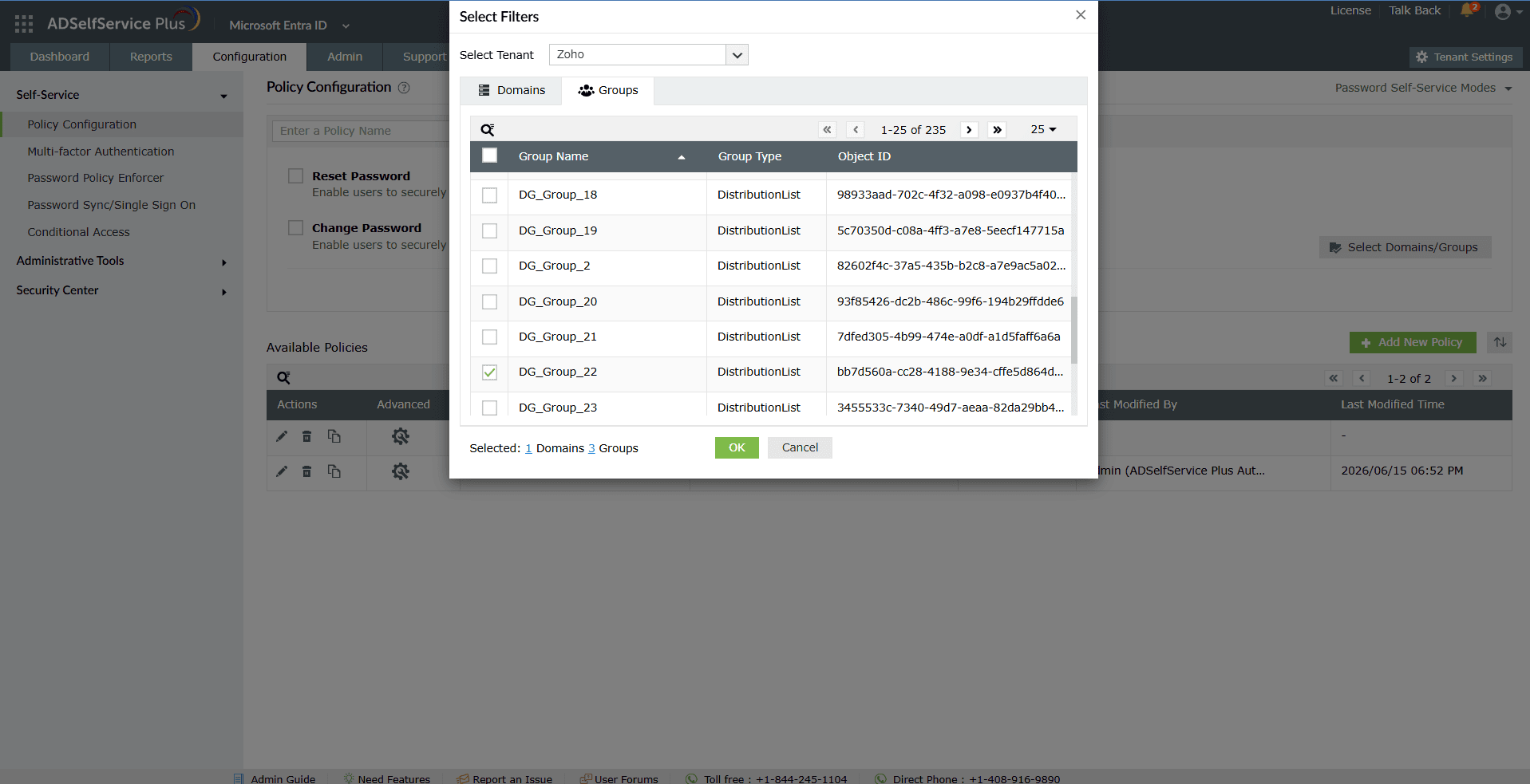 Per-group MFA, password policy, and SSPR rules configured for different Entra domains and groups.