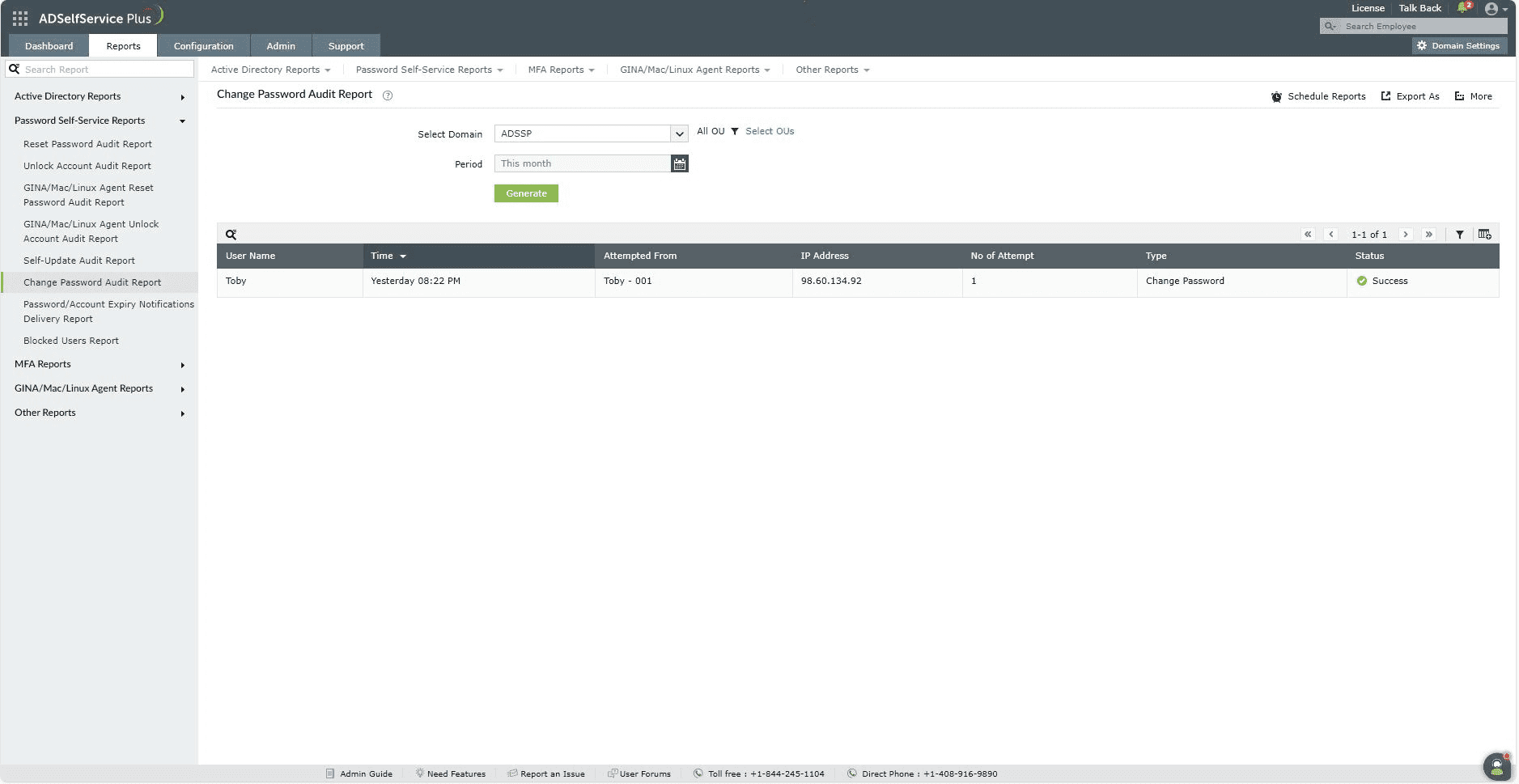 A screenshot of the Change password audit report in the ADSelfService Plus admin portal.