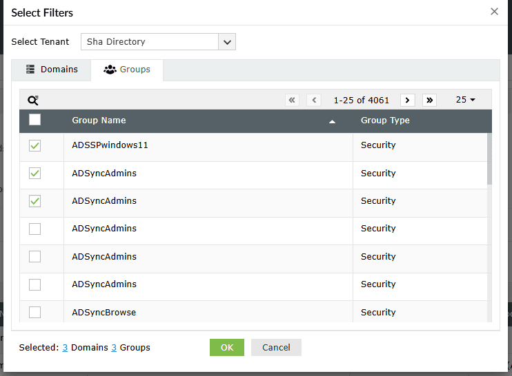 The Select Filters pop-up window that allows users to select multiple groups in a tenant to enable Microsoft Entra ID SSPR. 