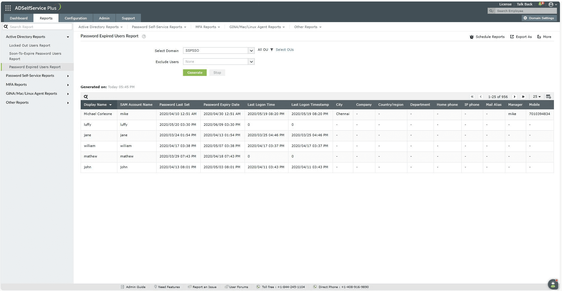 A screenshot of the Password expired users report in the ADSelfService Plus admin portal.