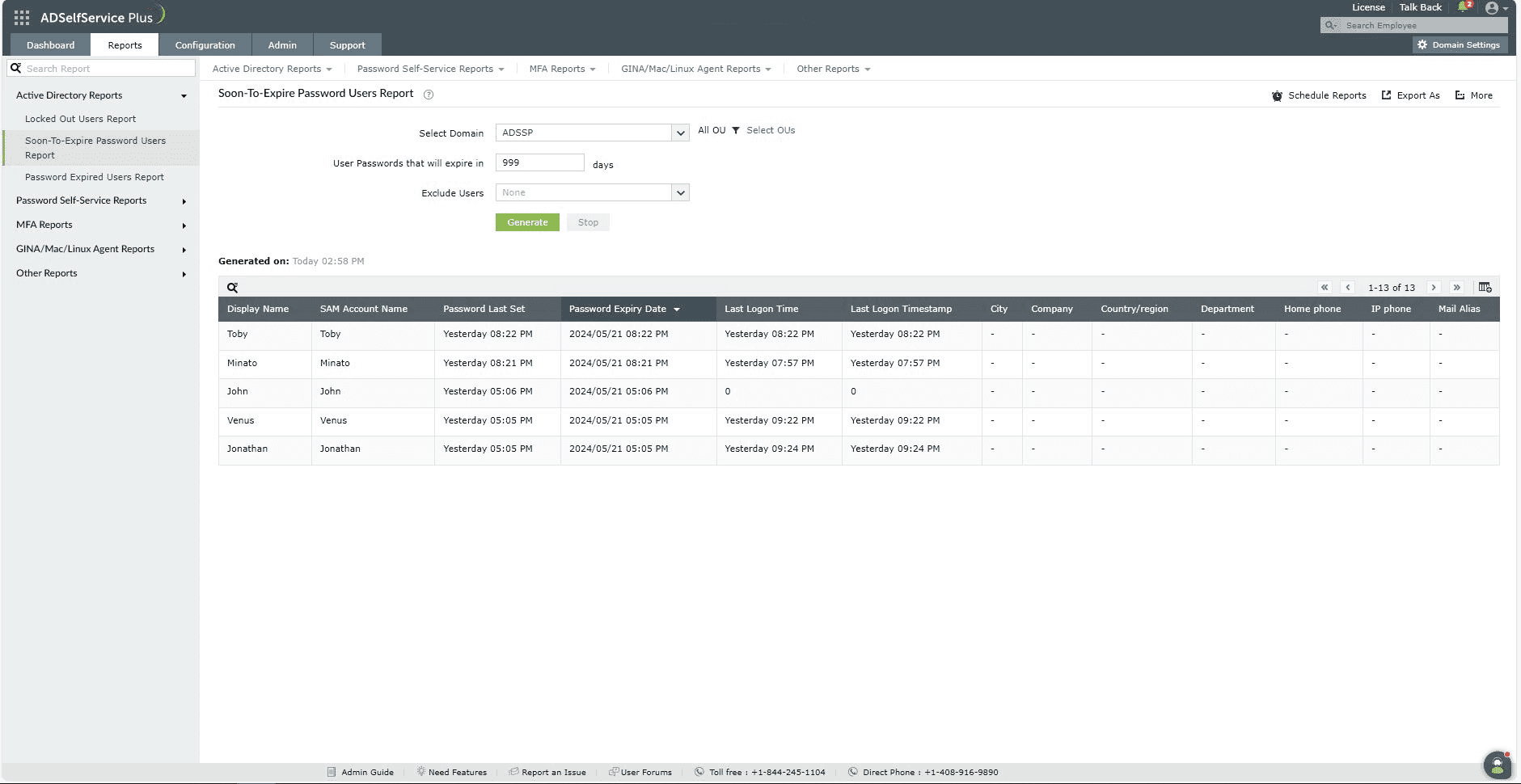 A screenshot of the Soon-to-expire password users report in the ADSelfService Plus admin portal.