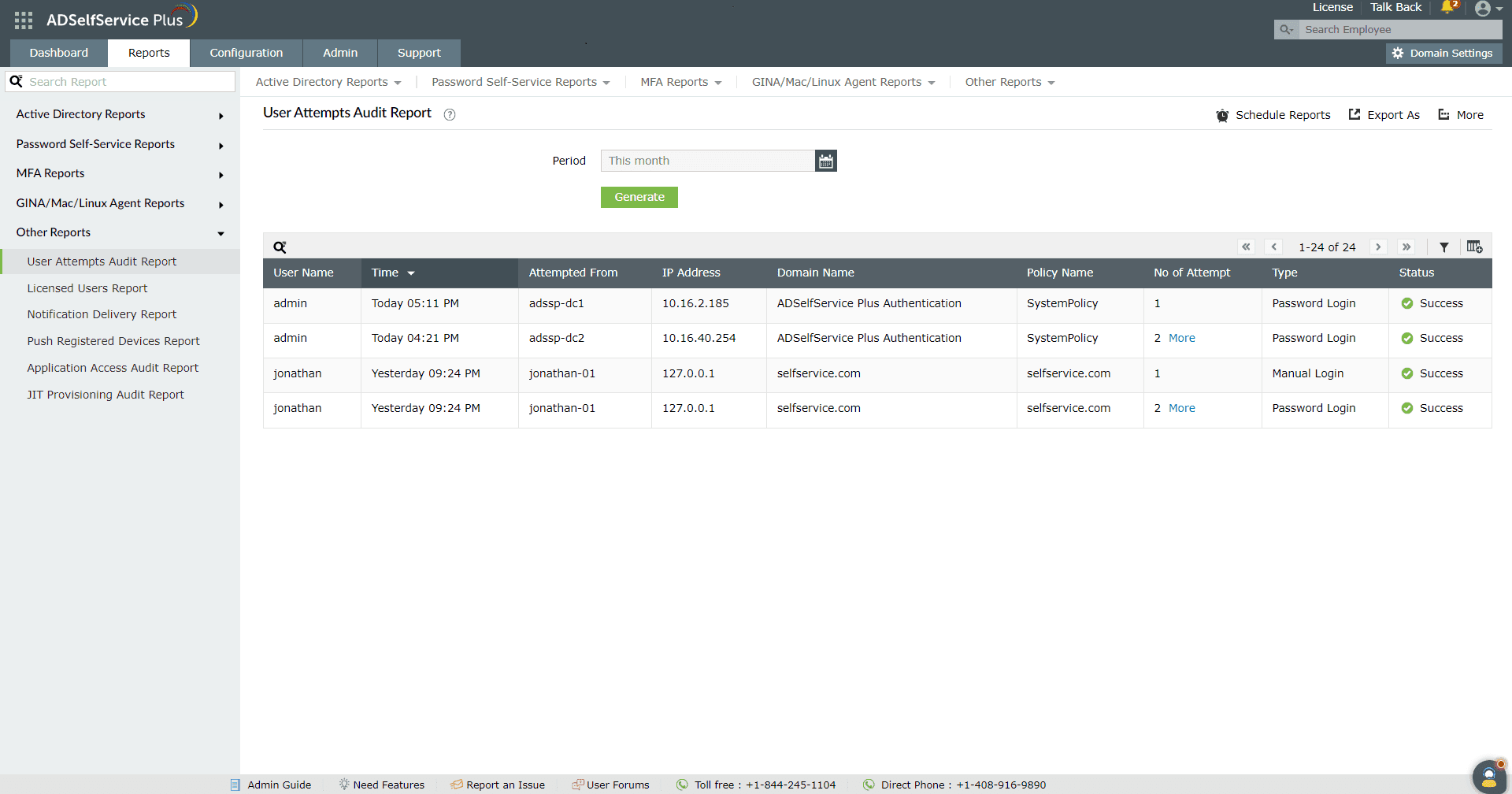 A screenshot of the User attempts audit report in the ADSelfService Plus admin portal.