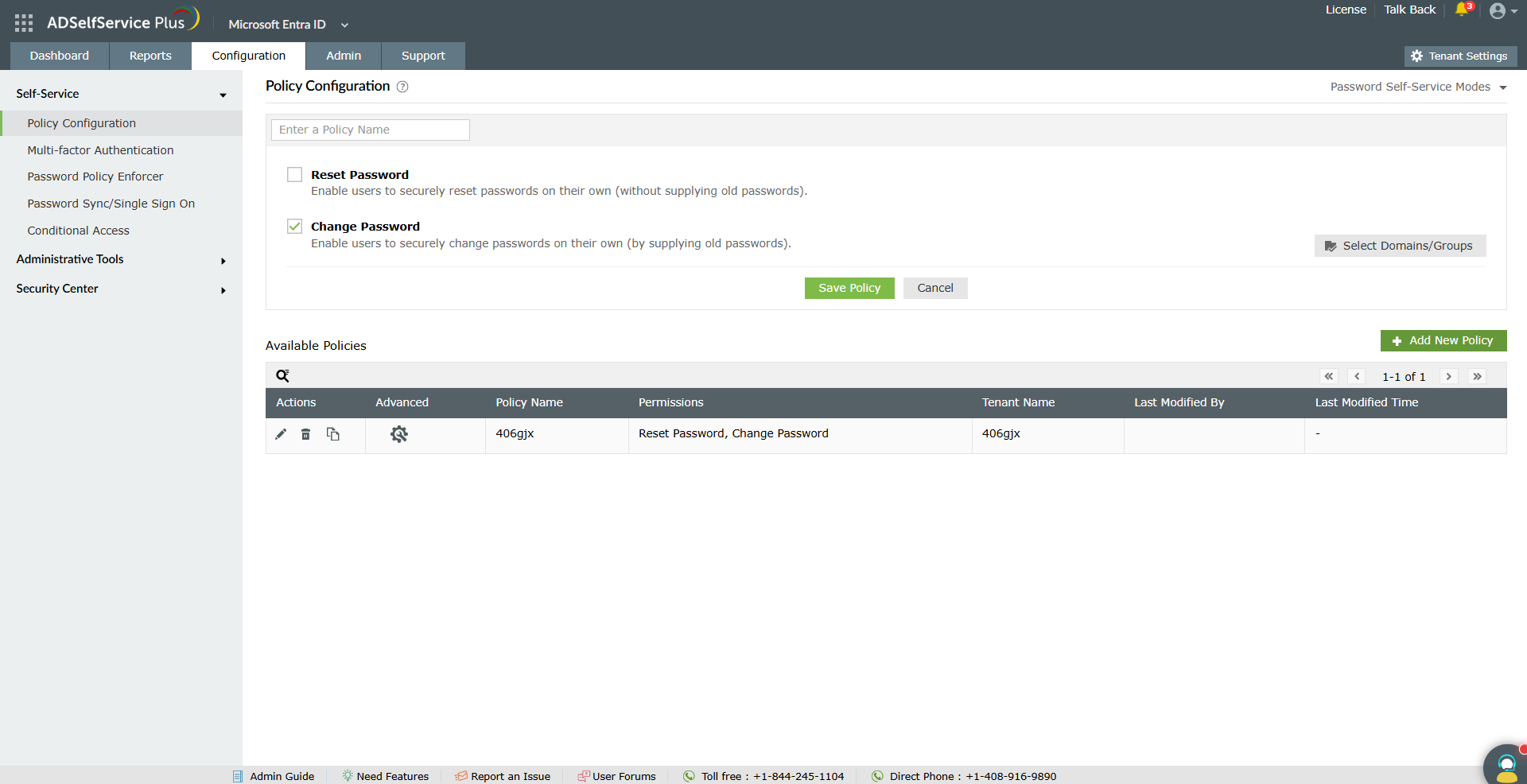 ADSelfService Plus policy settings for Entra ID showing password reset and change options with domain and group scoping