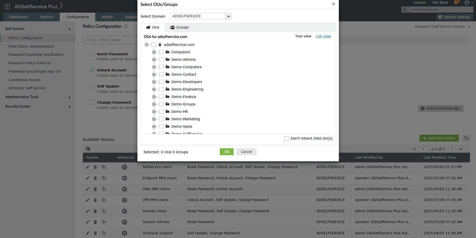 ADSelfService Plus OU selector showing a domain tree with department OUs available for policy scoping.