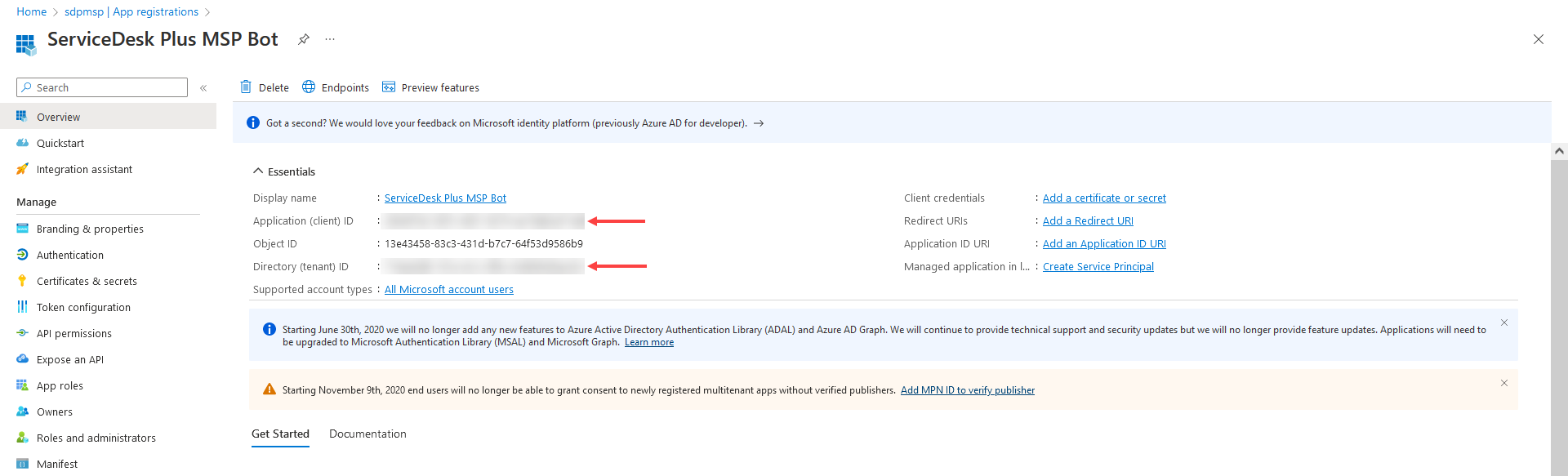 Azure Portal Client ID and Tenant ID