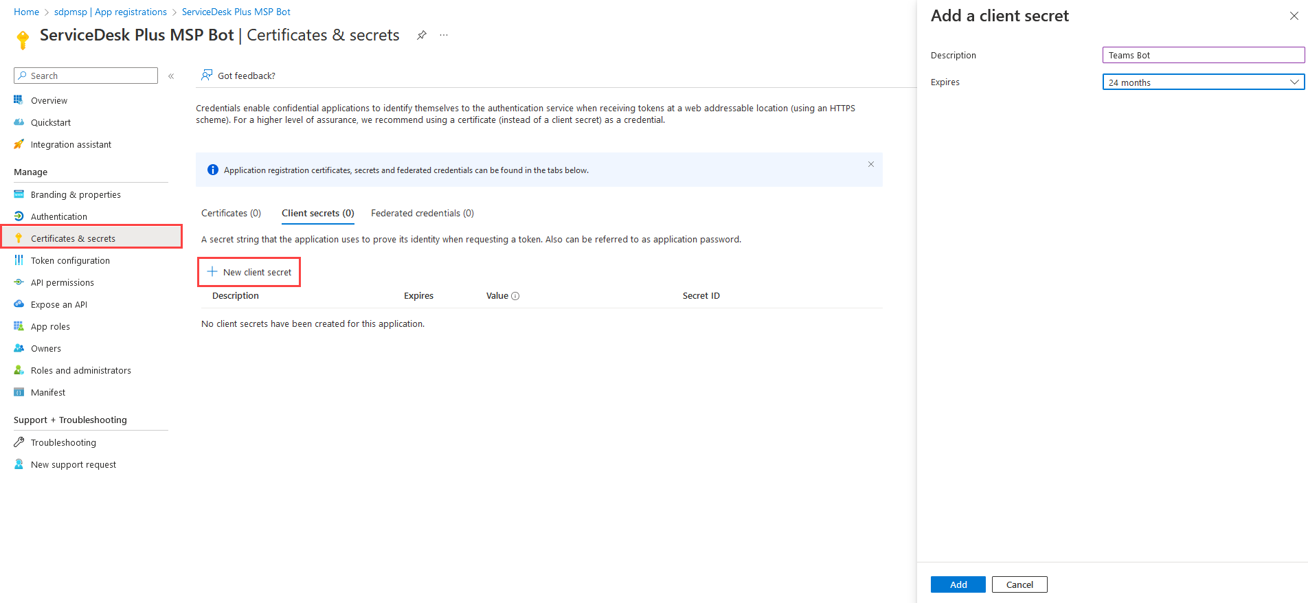 Azure Portal New Secret