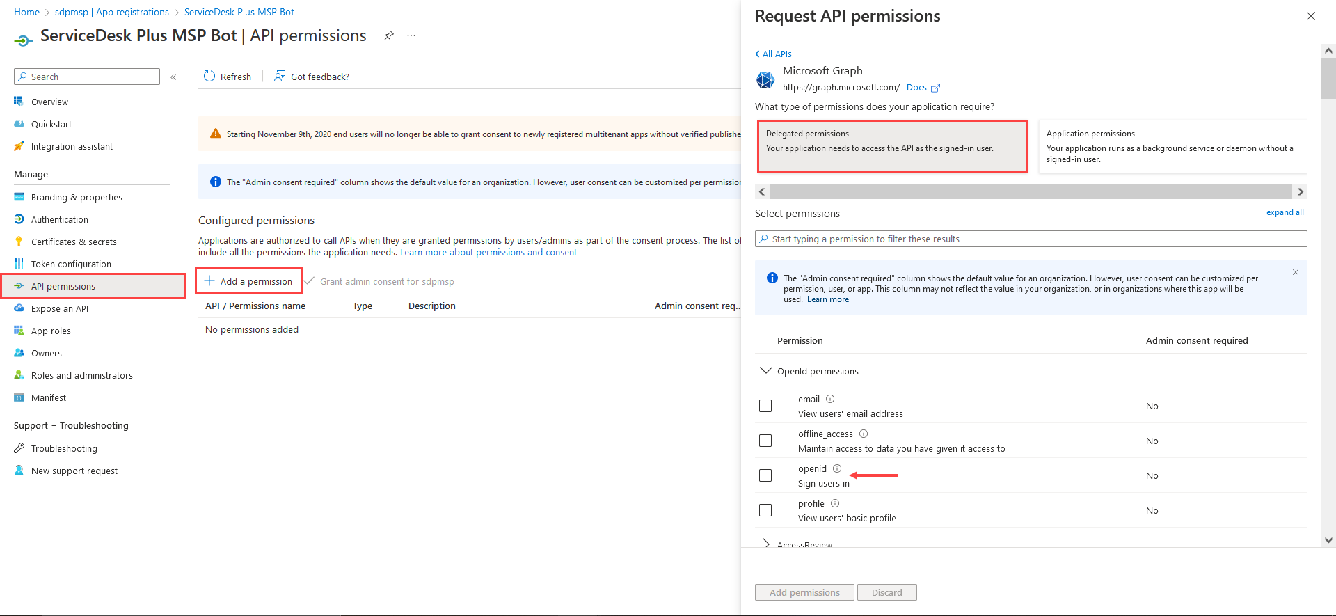 Azure portal API permissiosn tab