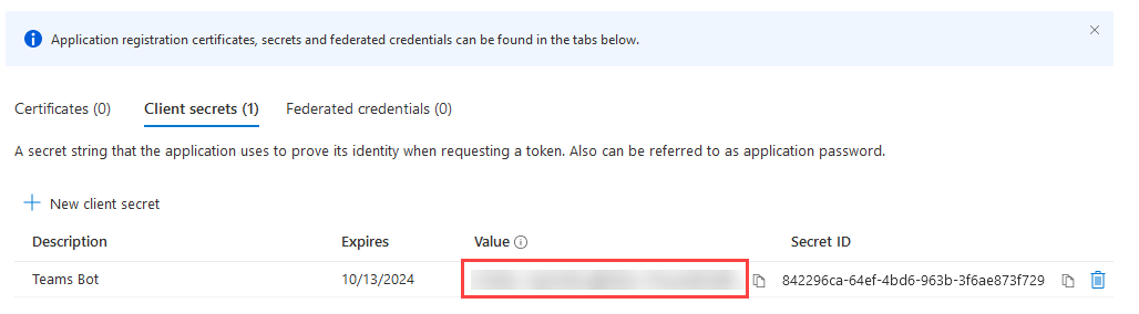 Azure portal client secrets page