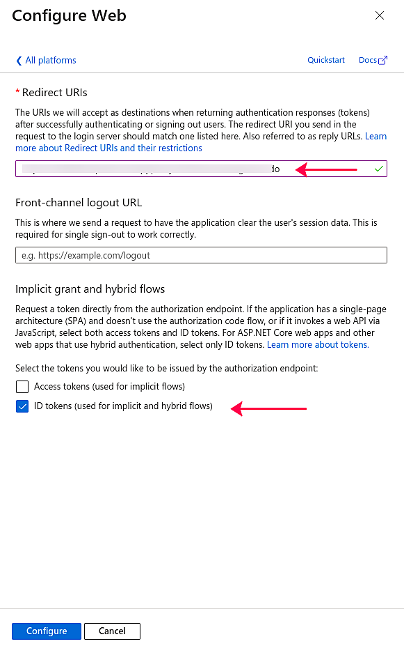 Azure portal configure web