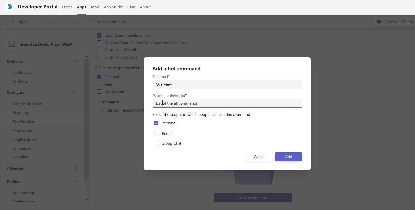 Developer portal add bot command