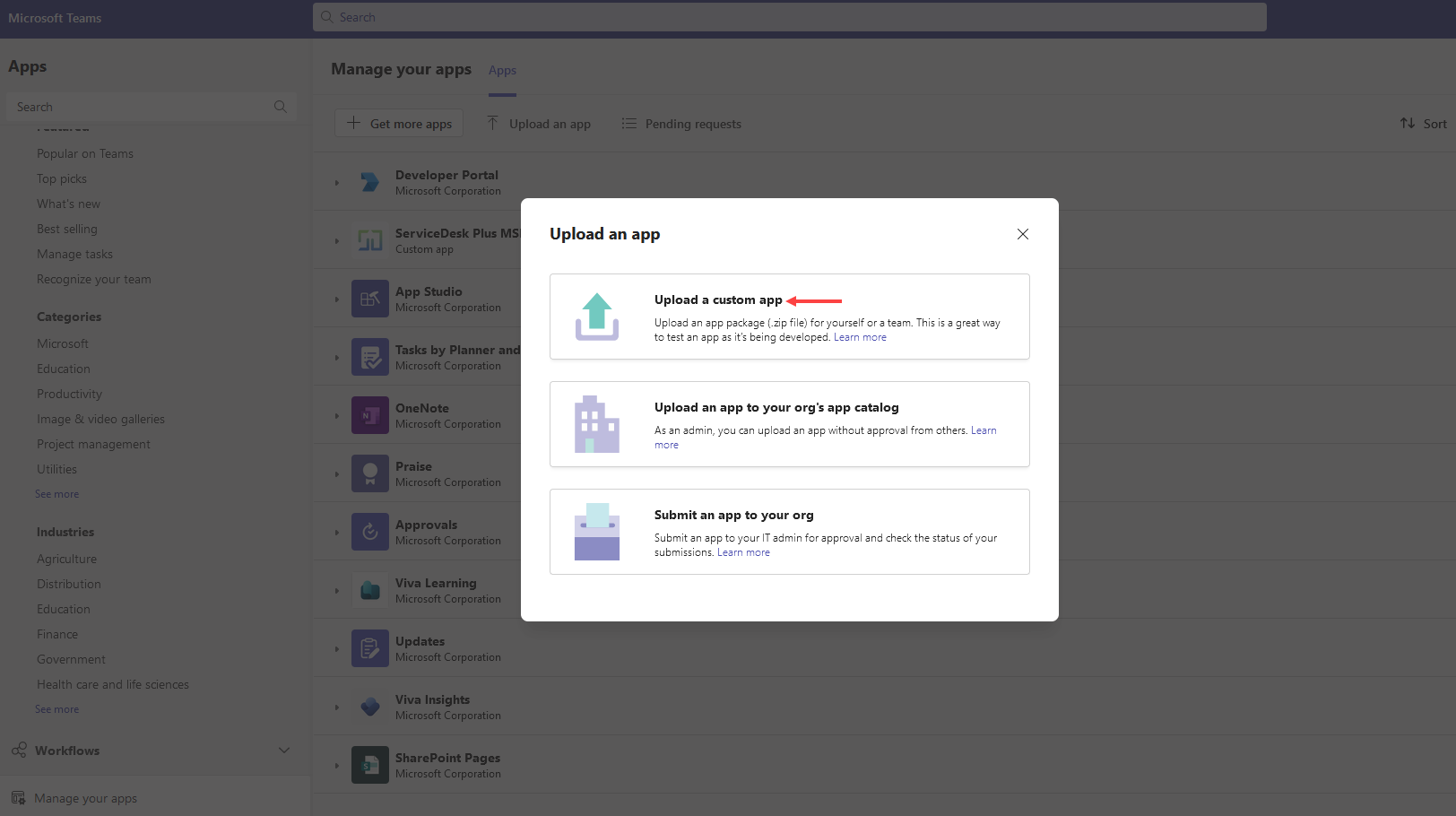 MS Teams upload a custom app dialog