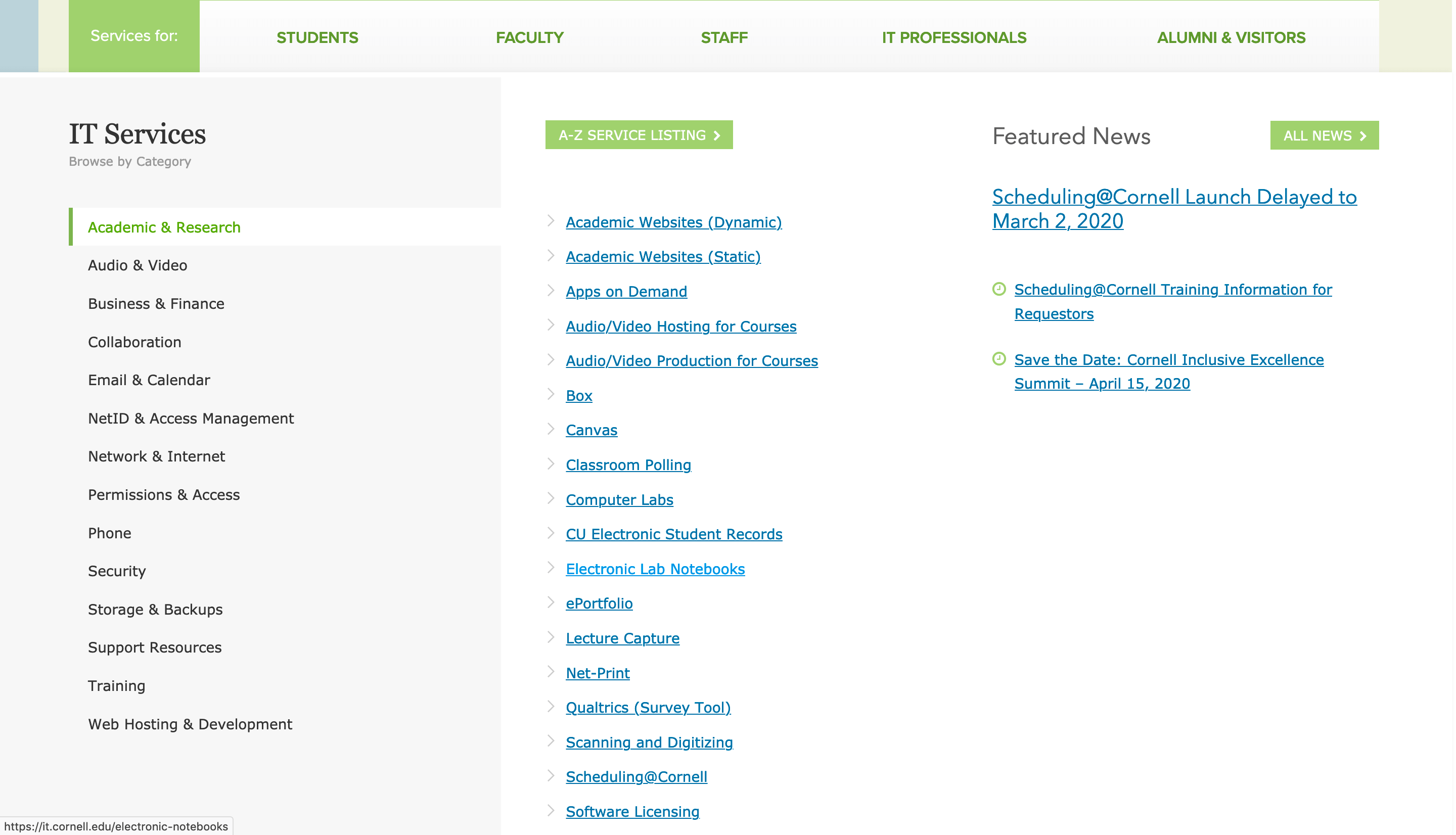 Cornell University's ITIL service catalogue reference IT service catalog example from Cornell University