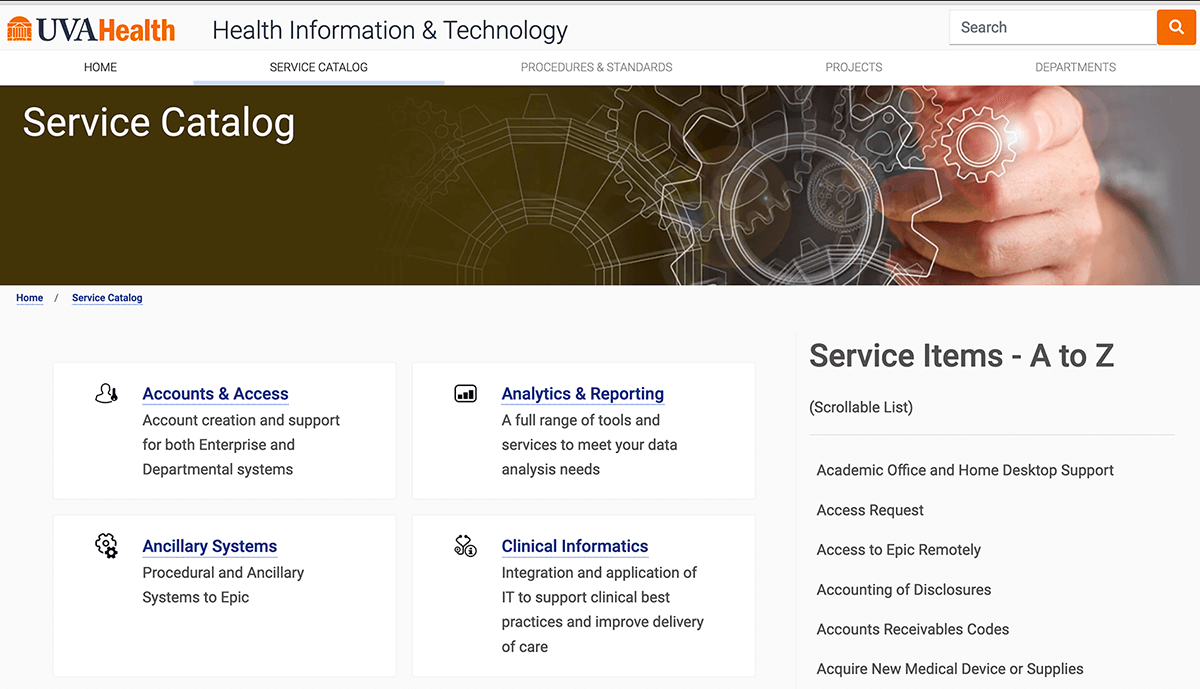 University of Virginia healthcare system service catalog ITIL service catalog of University of Virginia healthcare system